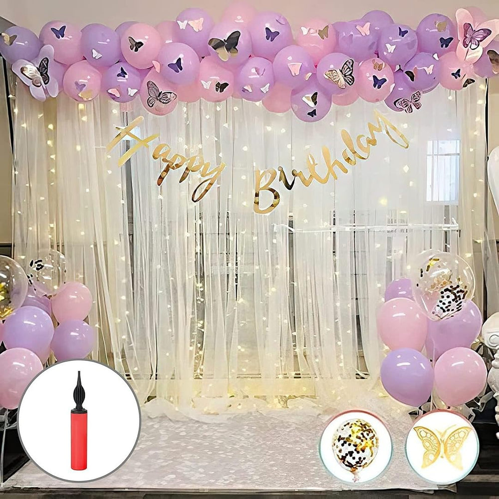 3D Butterflies Happy Birthday Decoration Theme Set | Purple and Pink includes Fairy Lights, 3D Butterfly and Net Curtains