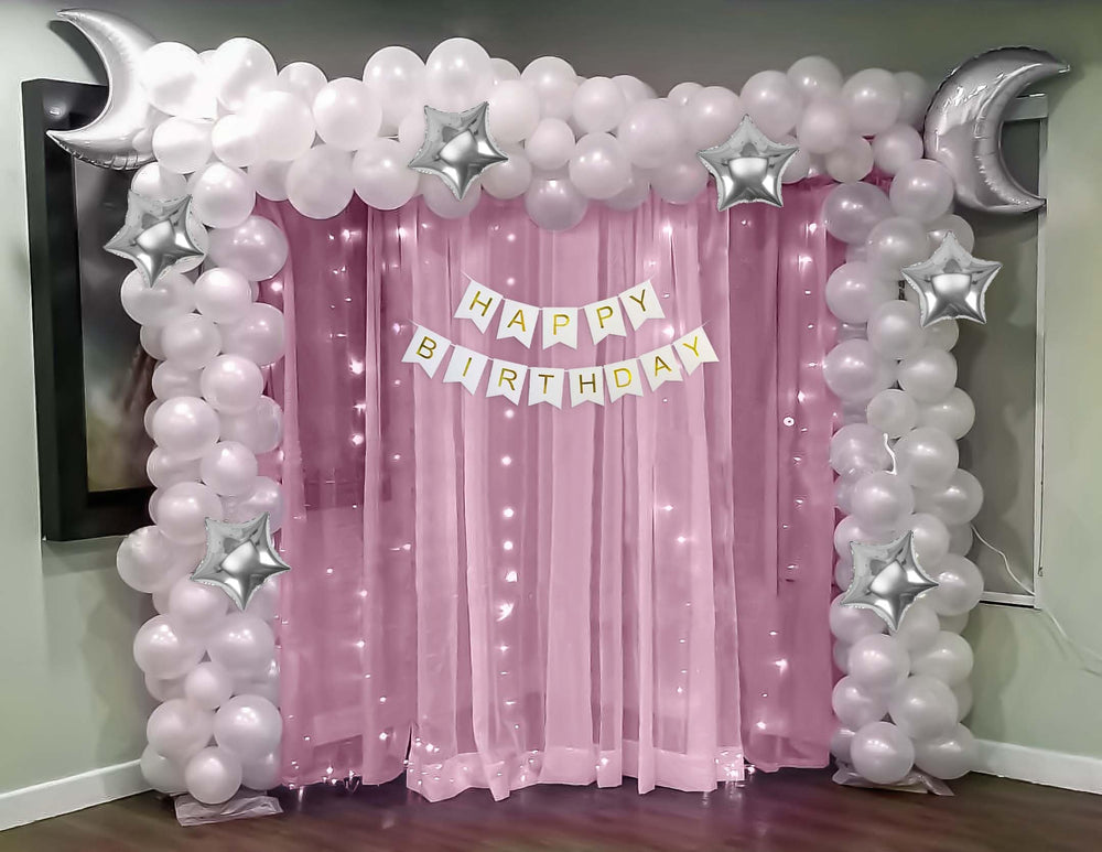 Happy Birthday Decoration Theme Set | Crystal White includes Fairy Lights, Moon & Star Balloons and Net Curtains