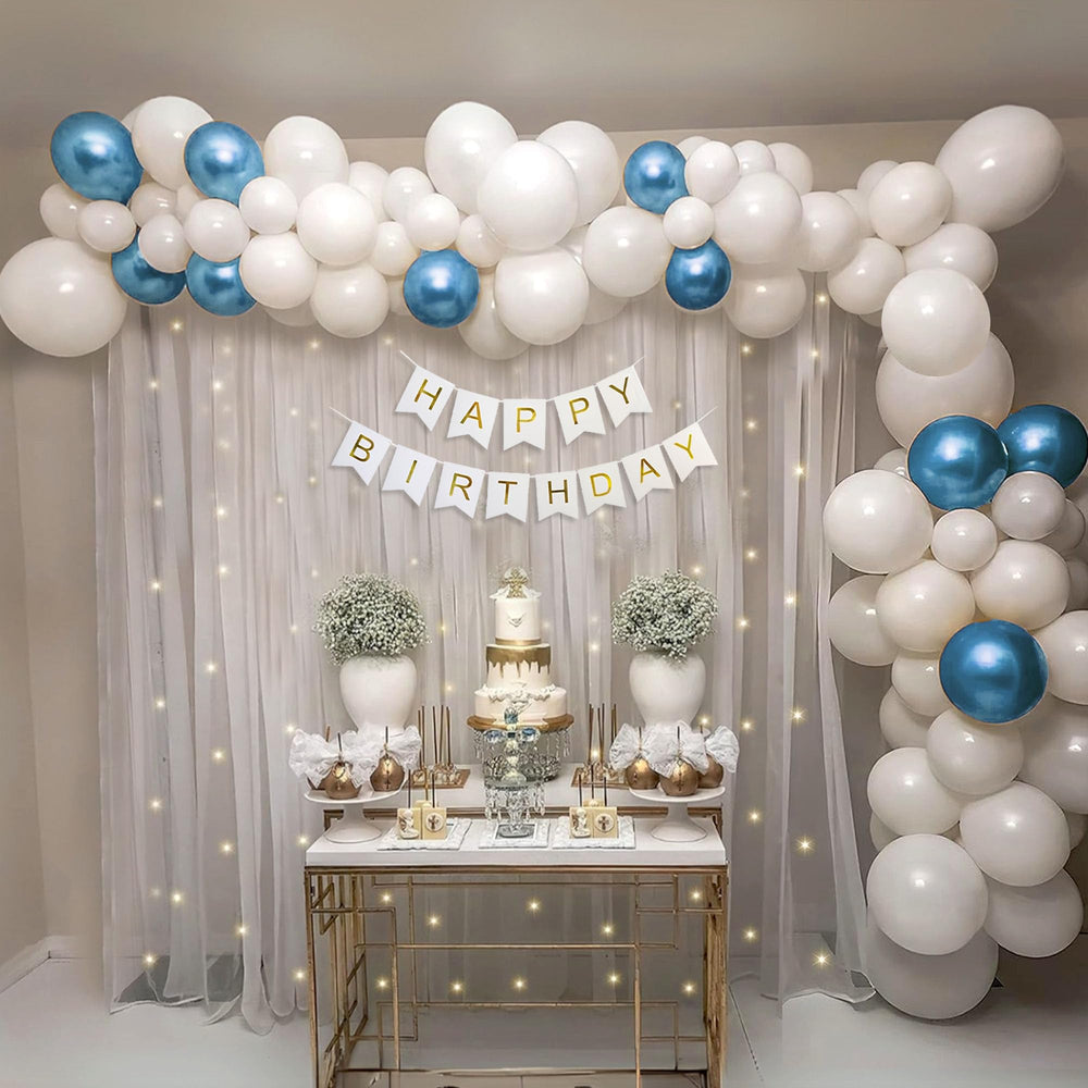 Happy Birthday Decoration Theme Set | White and Blue includes Fairy Lights and Net Curtains