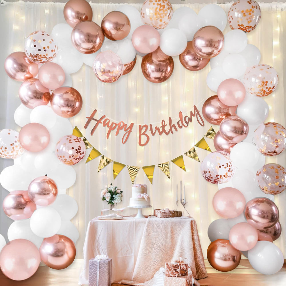 Happy Birthday Decoration Theme Set | White and Rose Gold includes Fairy Lights and Net Curtains