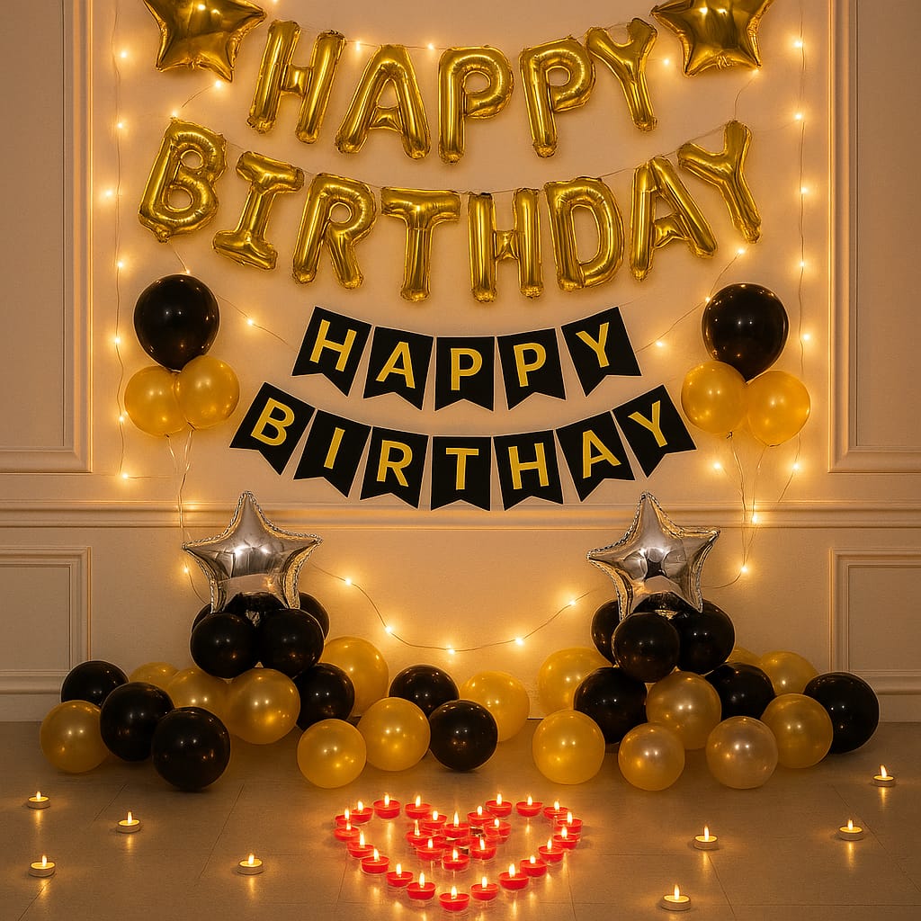 Happy Birthday Decoration Theme Set | Black and Golden | Star Balloons and Fairy Lights Included