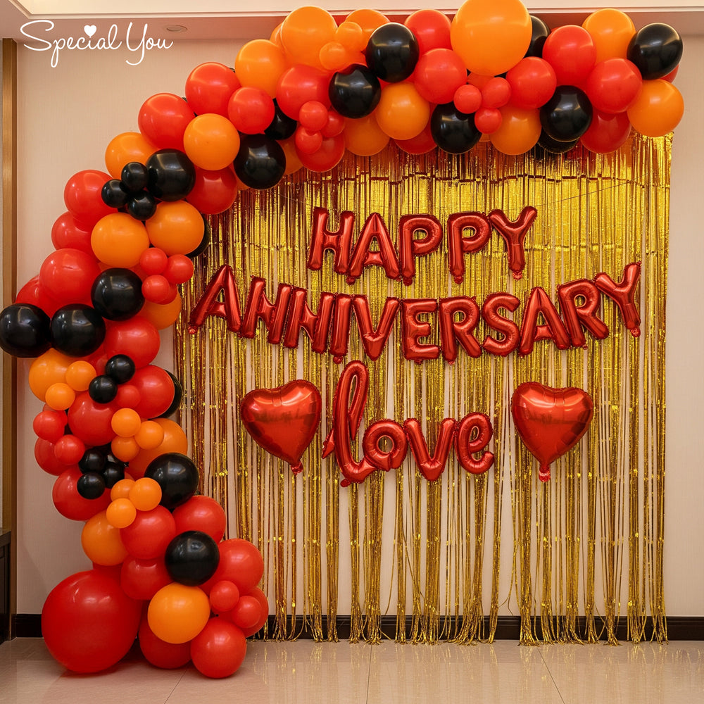Happy Anniversary Decoration Theme Set | Red and Black Includes back Foil Curtains