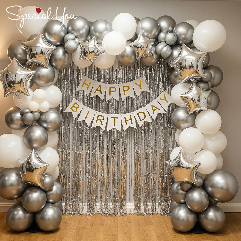 Happy Birthday Decoration Theme Set | Silver and White