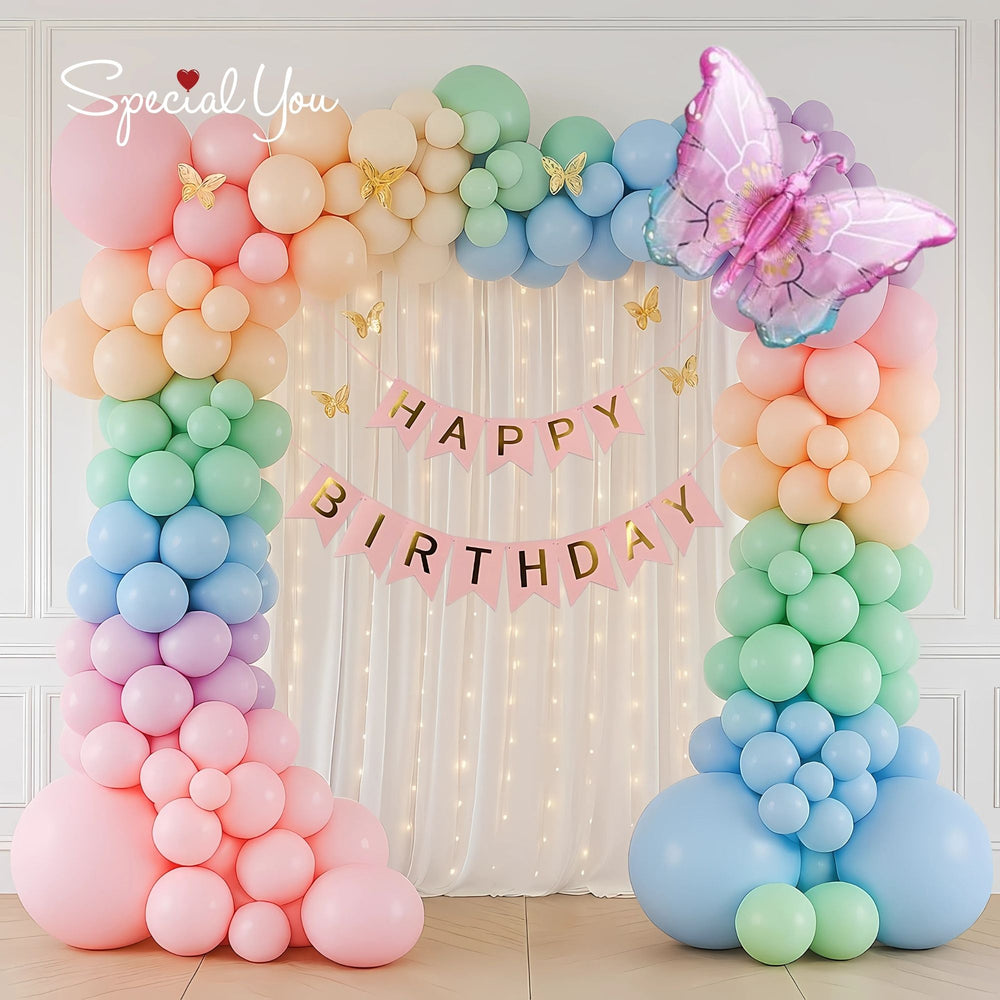 Happy Birthday Decoration Theme Set | Butterfly Theme Includes Net Curtain - Fairy Lights and 3D Butterflies