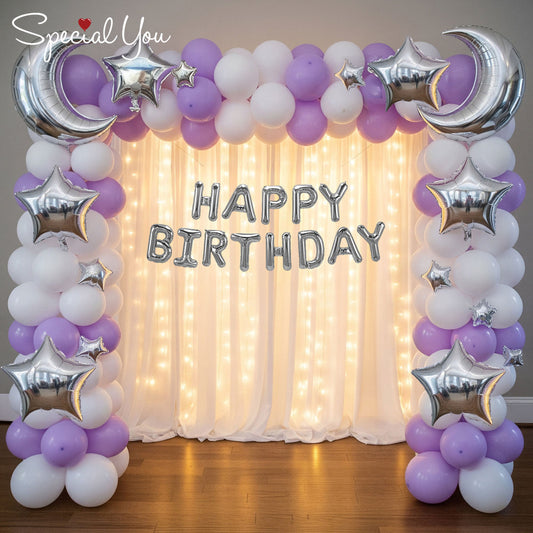 Moon and Stars Happy Birthday Decoration Theme Set | White and Purple includes Fairy Lights and Net Curtains