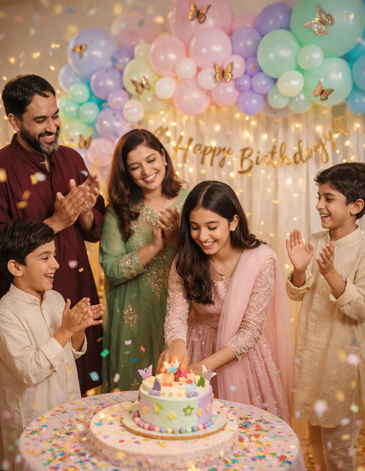 Trending 3D Butterflies Happy Birthday Decoration Theme Set | Pastel Colors includes Fairy Lights and Net Curtains