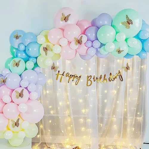 Metallic 3D Butterflies Happy Birthday Decoration Theme Set | Pastel Colors Includes  Fairy Lights and Net Curtains
