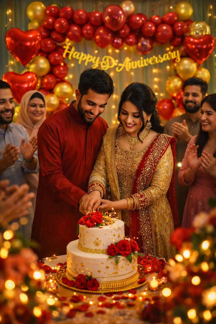 Happy Anniversary Decoration Theme Set | Golden and Red includes net Curtains and Fairy Lights