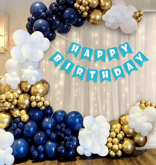 Happy Birthday Decoration Theme Set | White Golden and Blue includes Fairy Lights and Net Curtains