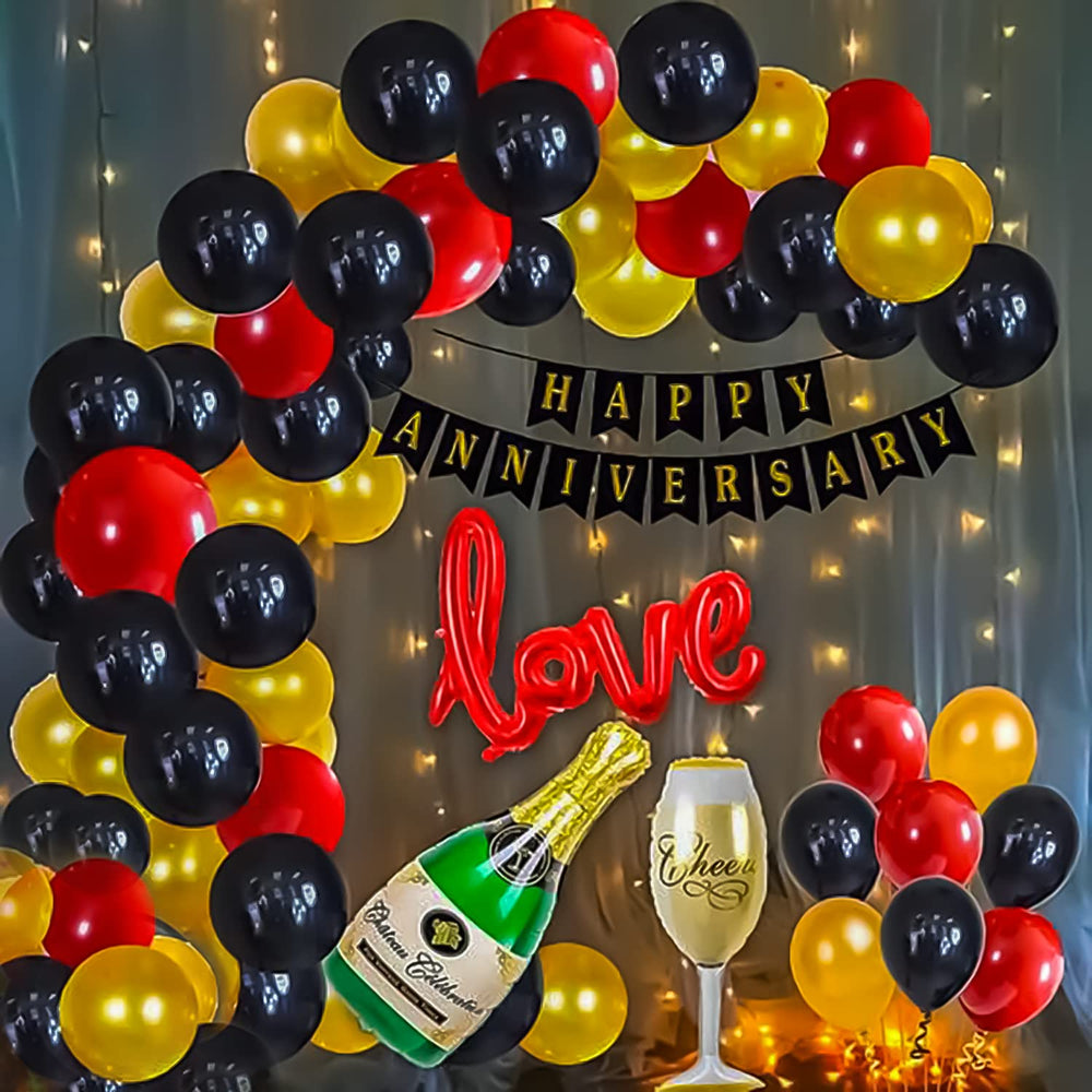 Happy Anniversary Decoration Theme Set | Golden, Black and Red includes Fairy Lights and Net Curtains