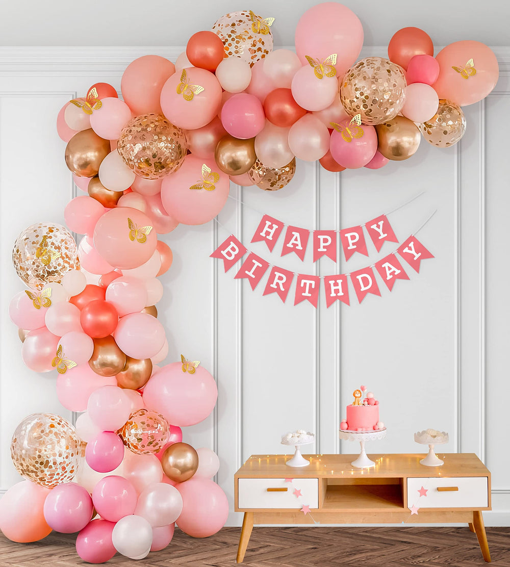Happy Birthday Decoration Theme Set | Rose Pink, Red and Glitter Balloons