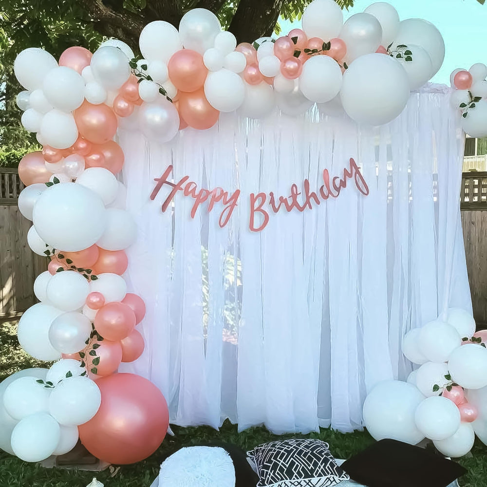 Happy Birthday Decoration Theme Set | White and Rose Pink includes Fairy Lights and Net Curtains