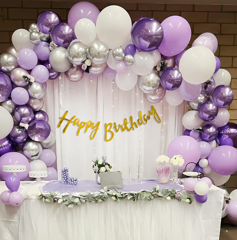 Happy Birthday Decoration Theme Set | White, Purple and Silver includes Fairy Lights and Net Curtains