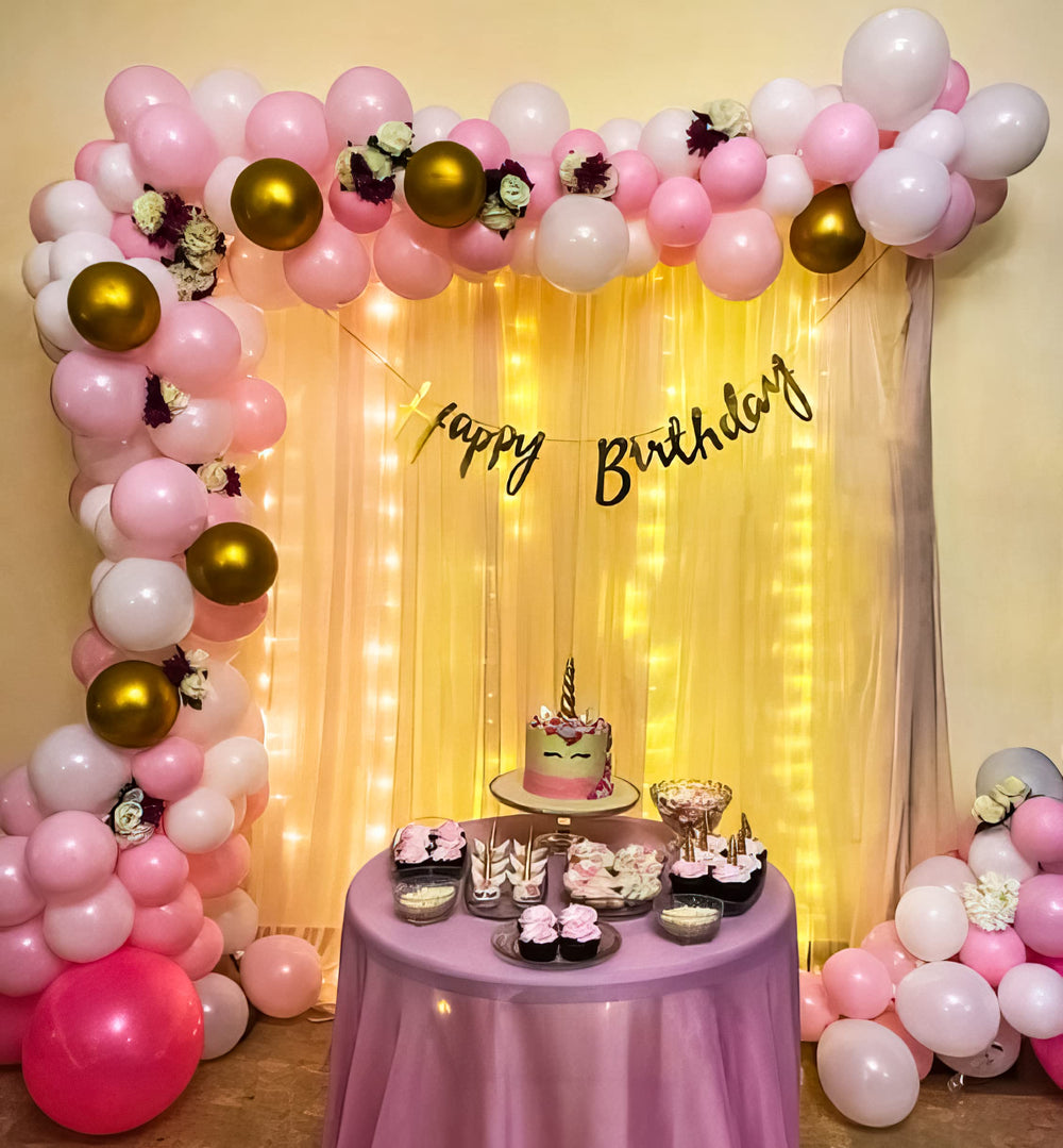 Happy Birthday Decoration Theme Set | White, Pink and Golden Balloons includes Fairy Lights and Net Curtains