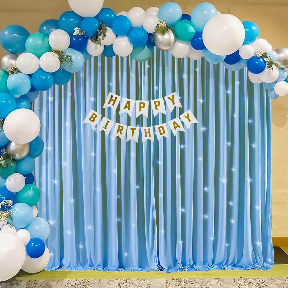 Happy Birthday Decoration Theme Set | White, Blue and Silver Includes Net Curtains and Fairy Lights