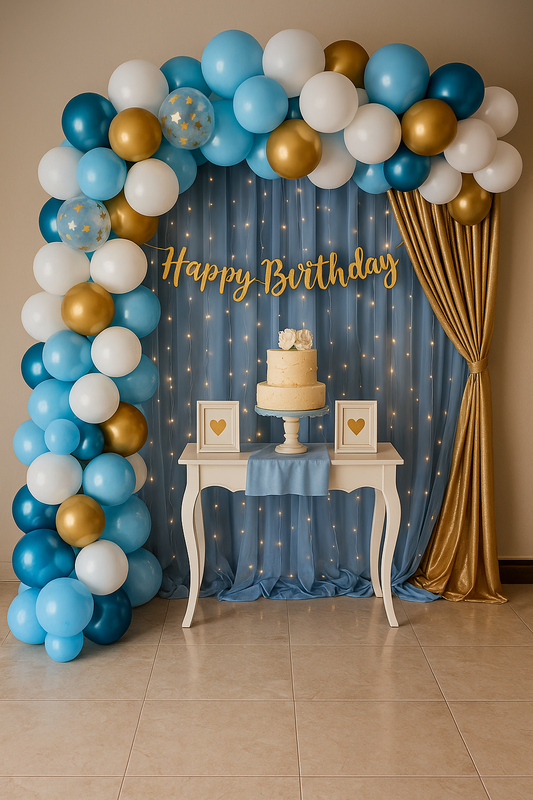 Happy Birthday Decoration Theme Set | White, Golden and Blue includes Fairy Lights and Net Curtains