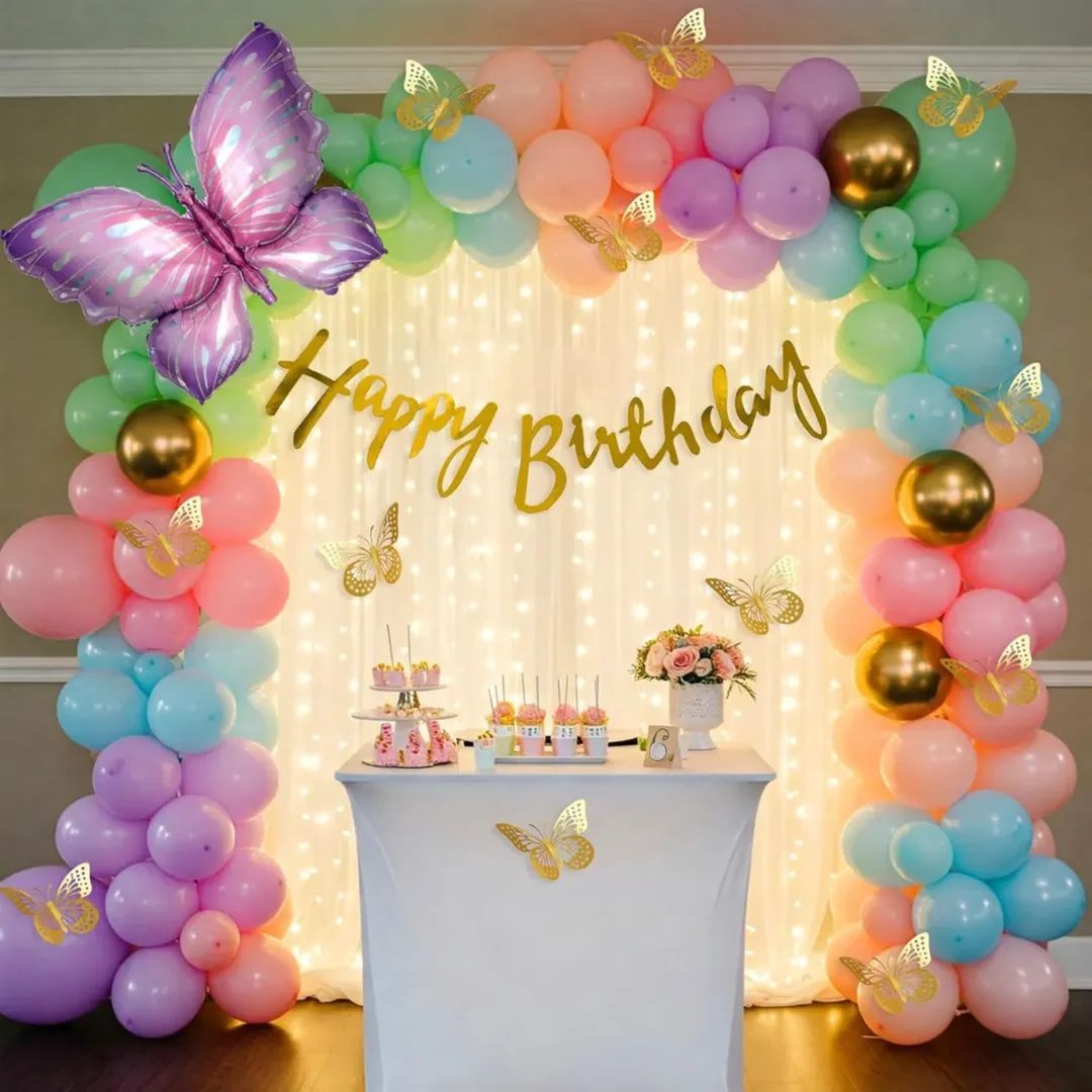Trending 3D Butterflies Happy Birthday Decoration Theme Set | Pastel Colors includes Fairy Lights and Net Curtains