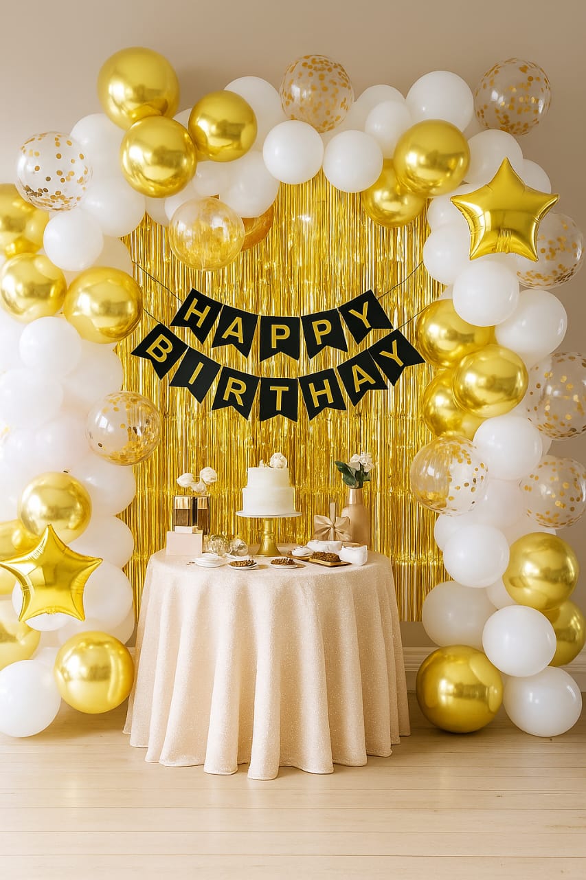 Happy Birthday Decoration Theme Set | Golden, White and Glitter Balloons includes Fairy Lights and Net Curtains