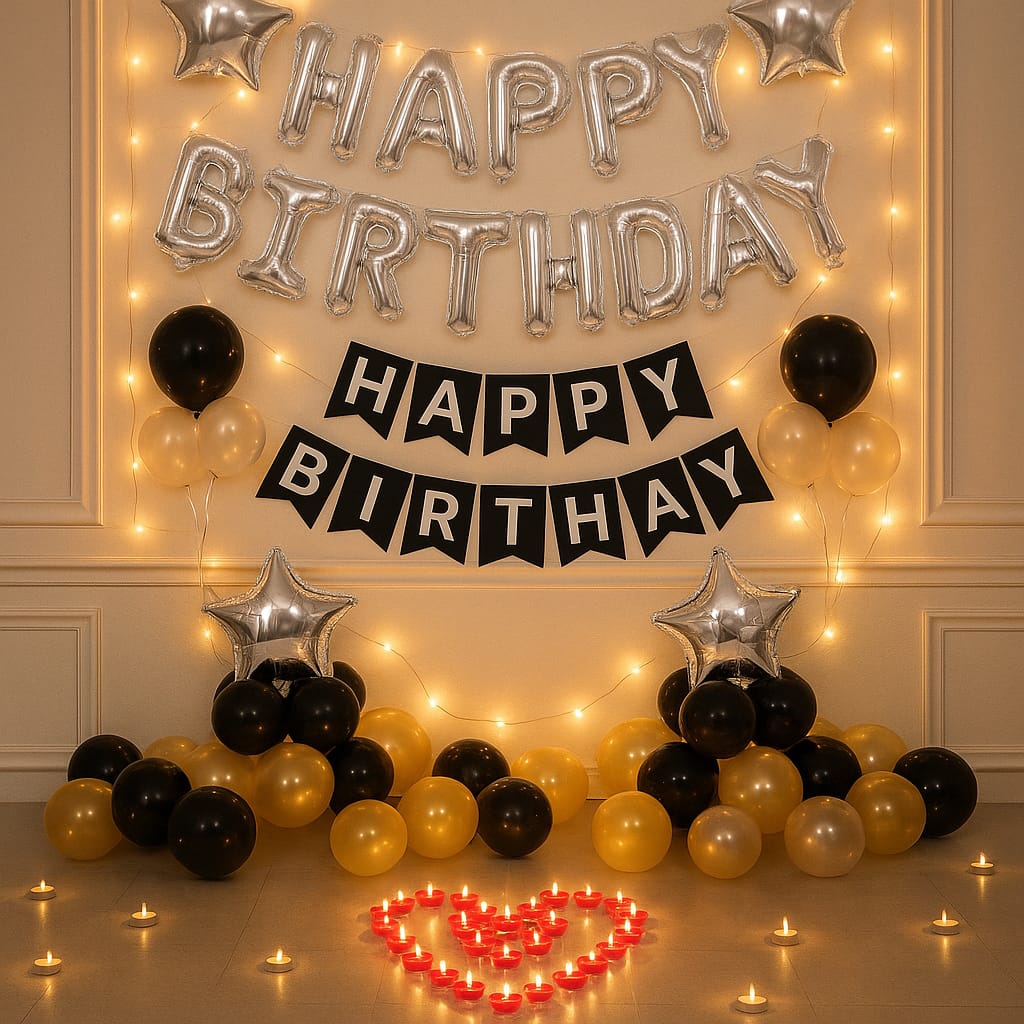Happy Birthday Decoration Theme Set | Stars Balloons and Fairy Lights Included