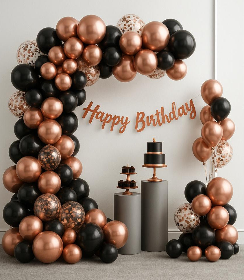 Happy Birthday Decoration Theme Set | Matte Black and Rose Gold