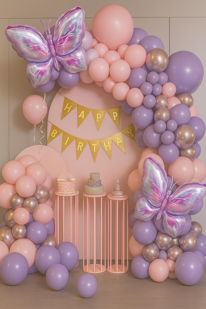 Happy Birthday Decoration Theme Set | Pink and Purple Includes 2 Pcs Extra Large Butterfly Foil Balloon