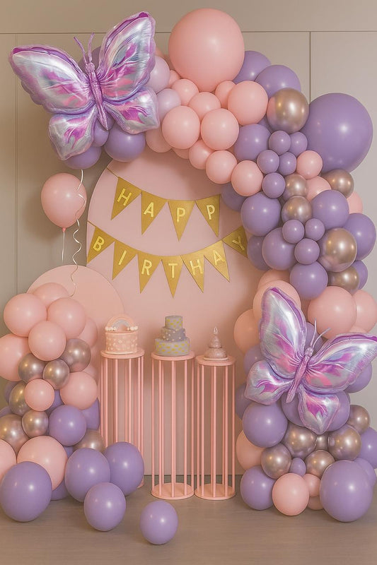 Happy Birthday Decoration Theme Set | Pink and Purple Includes 2 Pcs Extra Large Butterfly Foil Balloon
