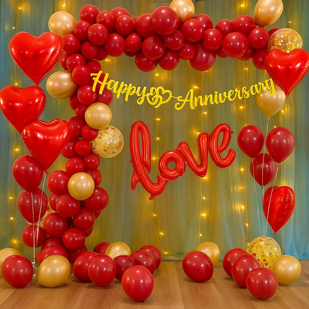 Happy Anniversary Decoration Theme Set | Golden and Red includes net Curtains and Fairy Lights