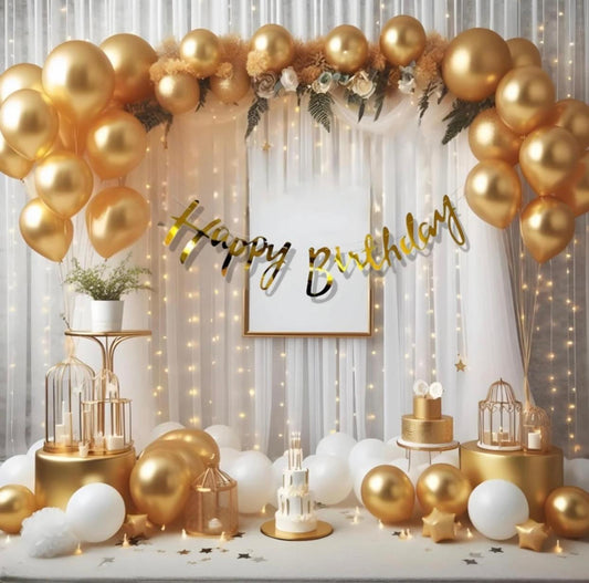 Happy Birthday Decoration Theme Set | White and Golden Includes Net Curtains and Fairy Lights