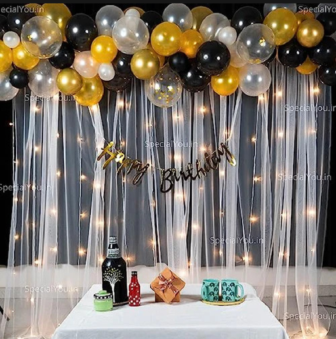 Happy Birthday Decoration Theme Set | White, Golden and Black includes Fairy Lights and Net Curtains