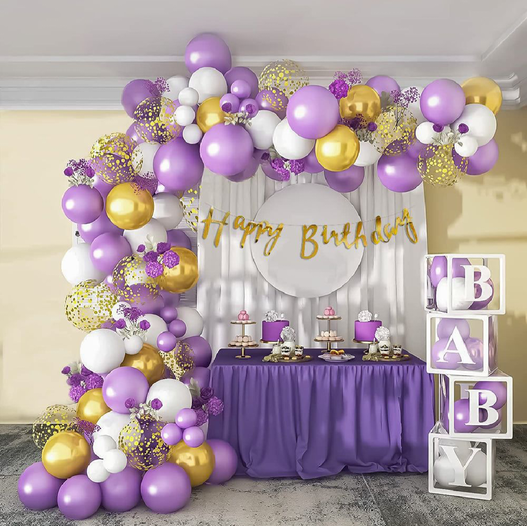 Happy Birthday Decoration Theme Set | Purple, White, Golden and Glitter Balloons includes Fairy Lights and Net Curtains