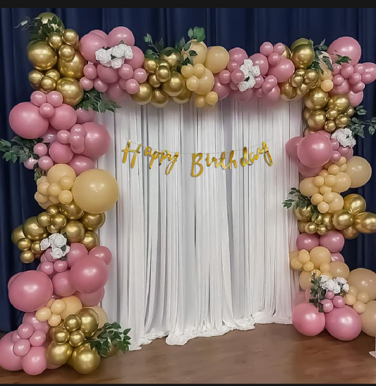 Happy Birthday Decoration Theme Set | Golden, Rose Pink includes Fairy Lights and Net Curtains