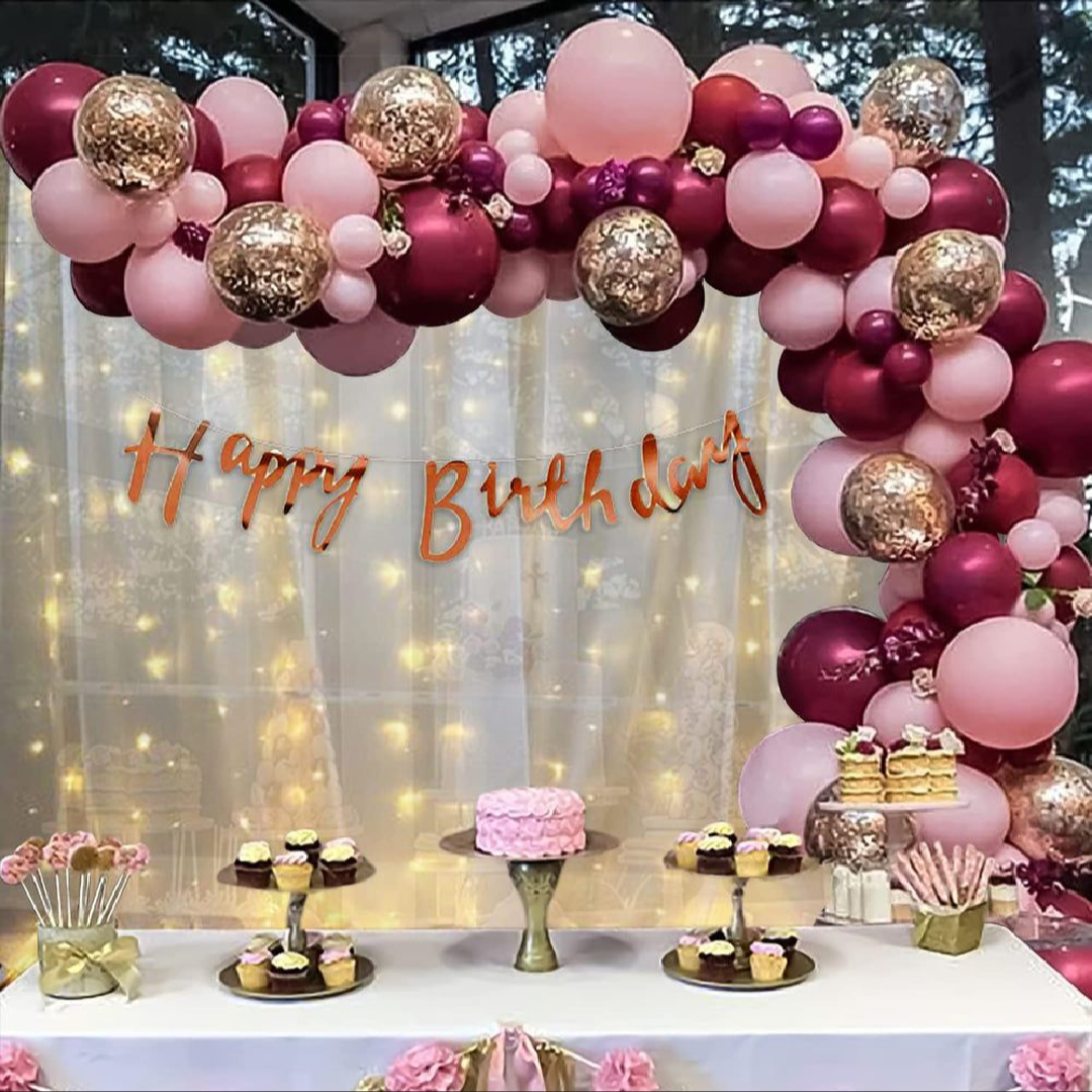 Happy Birthday Decoration Theme Set | Rose Pink, Red and Glitter Balloons includes Fairy Lights and Net Curtains