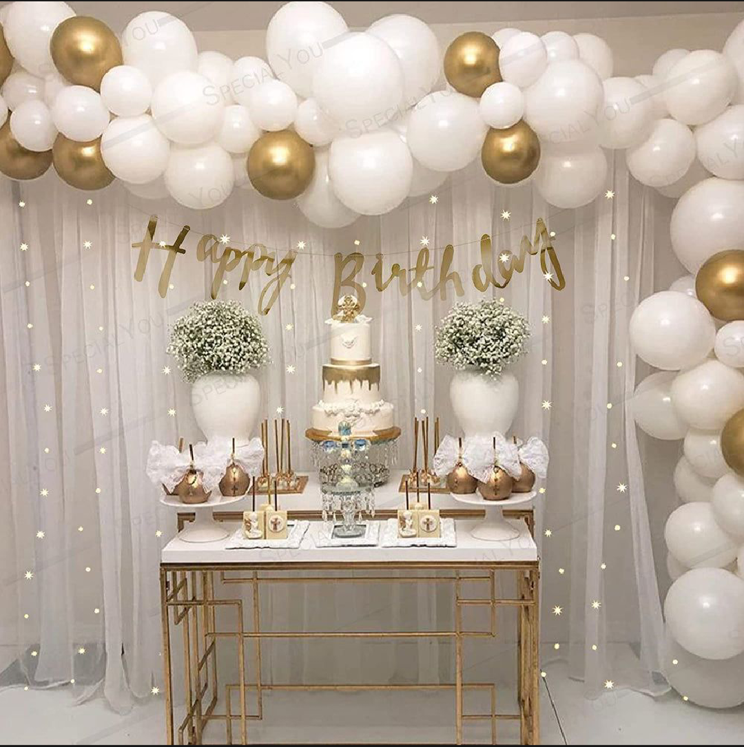 Happy Birthday Decoration Theme Set | White and Golden includes Fairy Lights and Net Curtains
