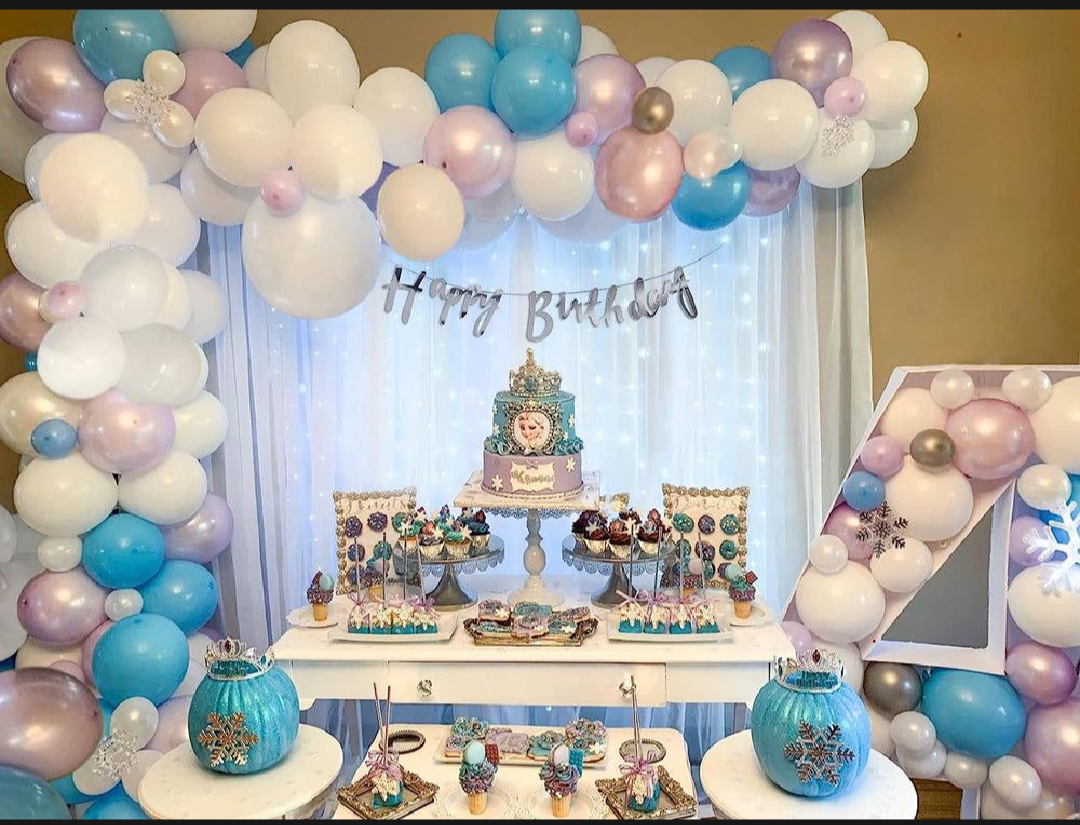 Happy Birthday Decoration Theme Set | White, Blue and Rose Pink includes Fairy Lights and Net Curtains