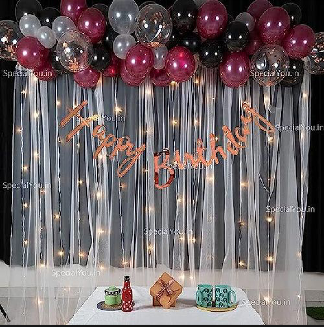 Happy Birthday Decoration Theme Set | Red, Black and Transparent balloons includes Fairy Lights and Net Curtains