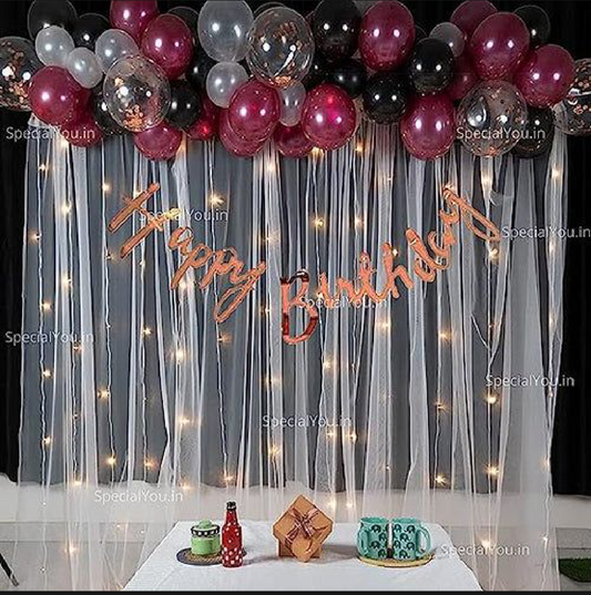 Happy Birthday Decoration Theme Set | Red, Black and Transparent balloons includes Fairy Lights and Net Curtains