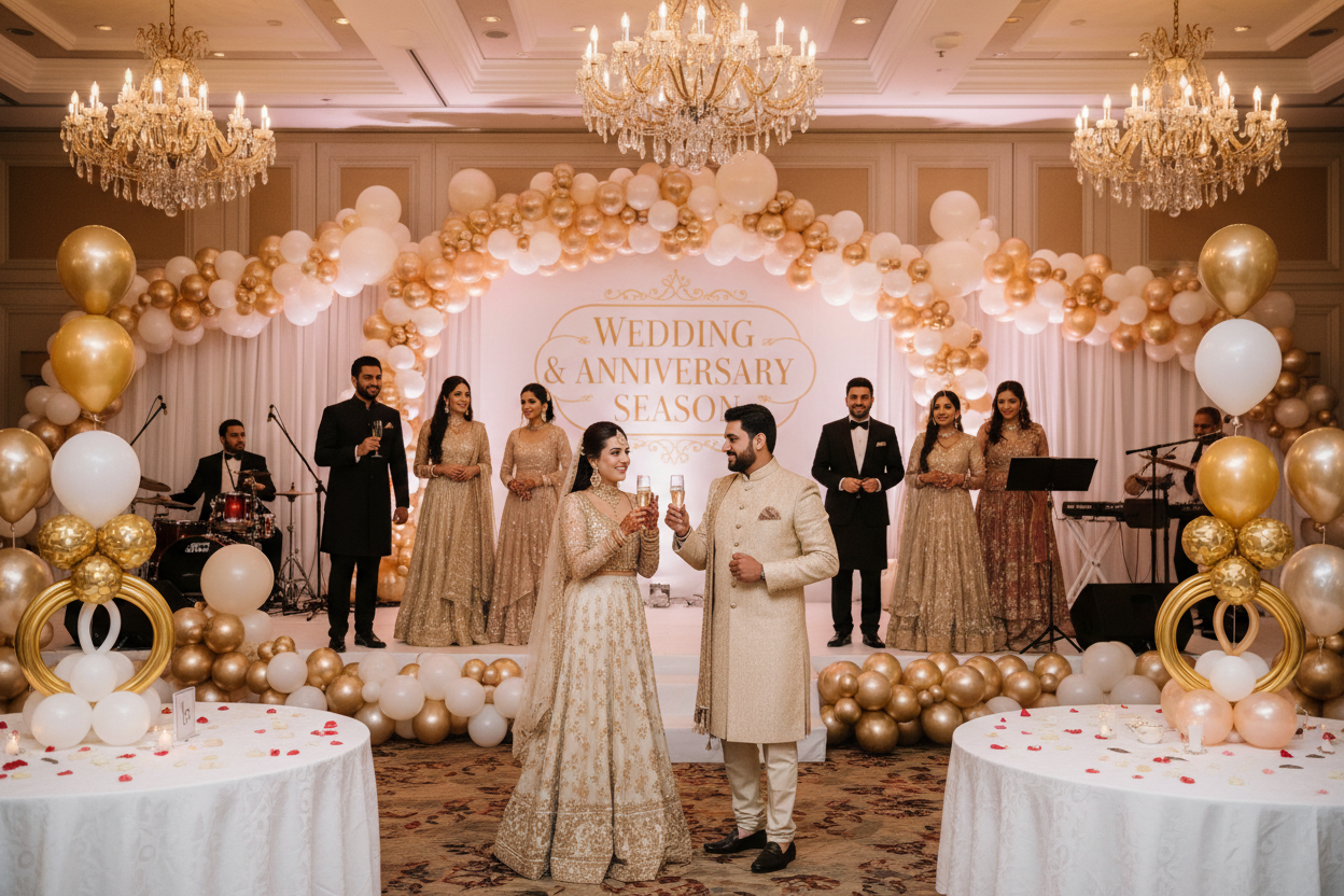 Create an image with balloons decoration for anniversary and wedding season decoration show Pakistani couples enjoying the event